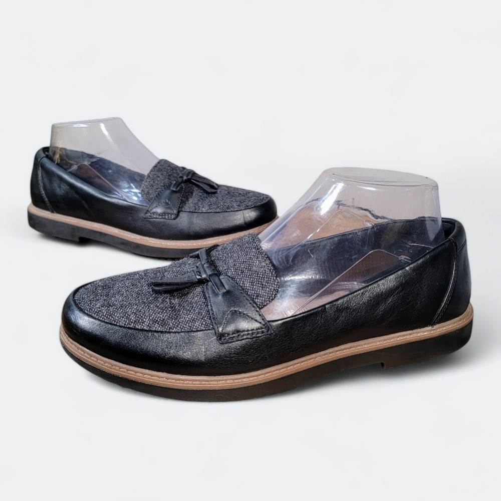 Clarks Black Leather & Gray Fabric Tassel Loafers